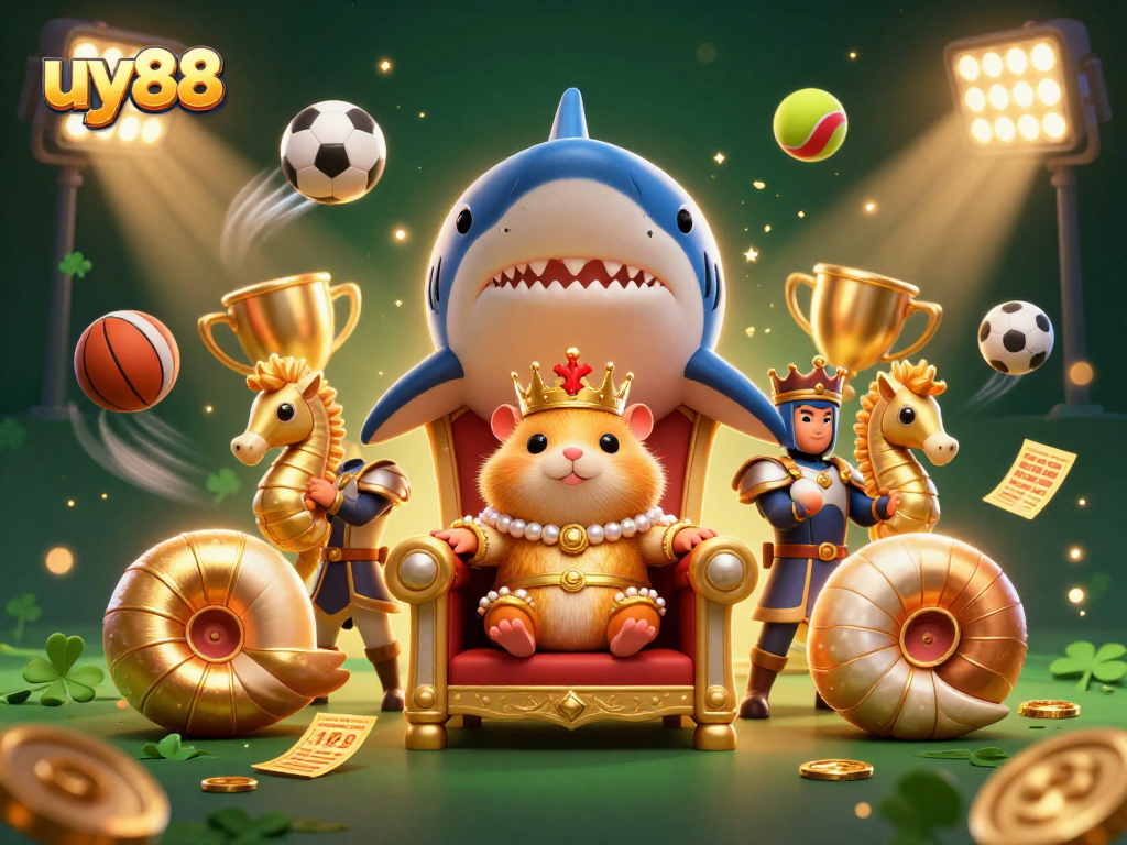 Engage with uy88's thrilling casino action featuring a golden hamster king, sports elements, and vibrant graphics.