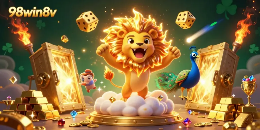 Experience the thrill of winning at 98win8v with a vibrant casino-themed illustration featuring dynamic characters and elements.