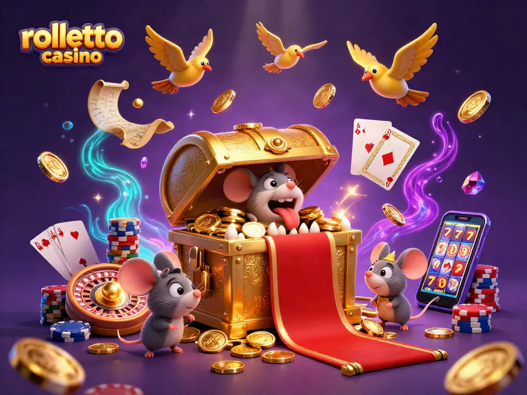 Experience the excitement of rolletto casino with cartoon treasures, spinning roulette, and vibrant gaming elements.