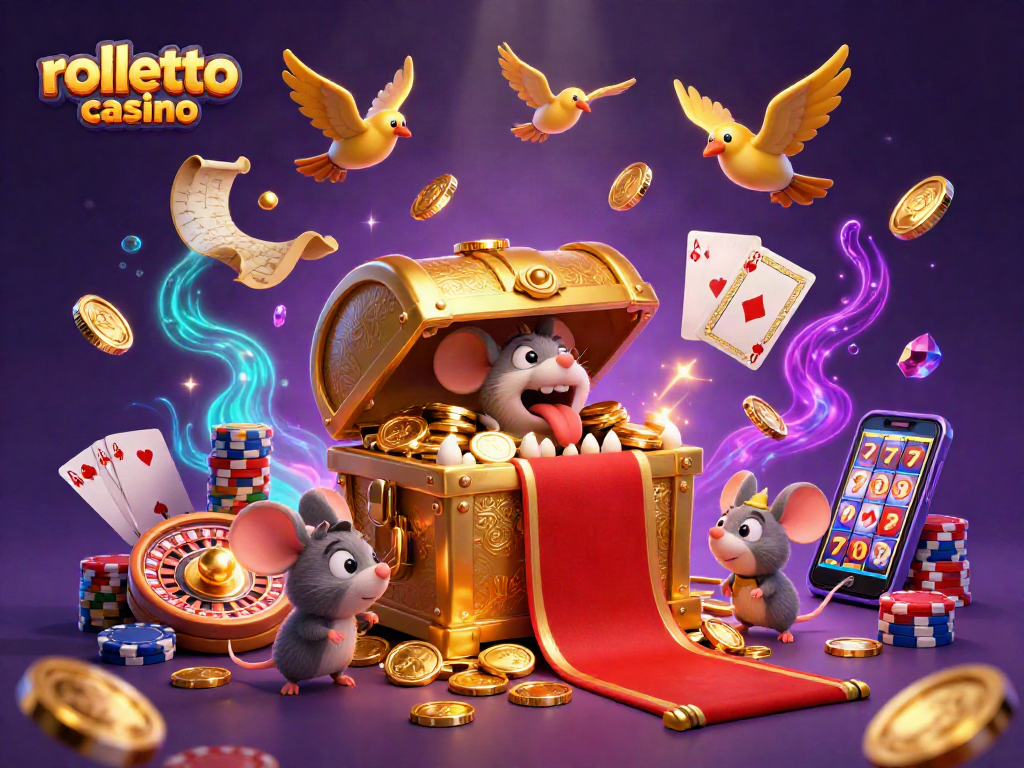 Experience the excitement of rolletto casino with cartoon treasures, spinning roulette, and vibrant gaming elements.