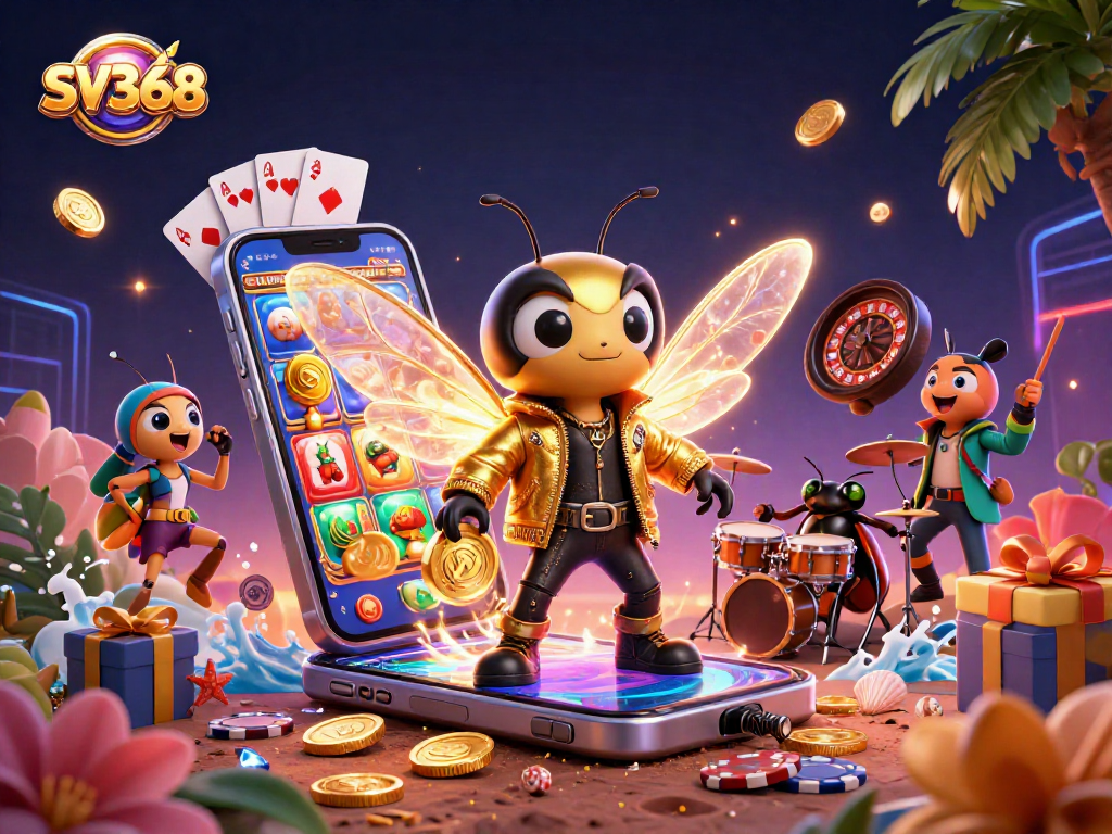 SV368 showcases a vibrant 3D casino scene with dynamic characters and gaming elements
