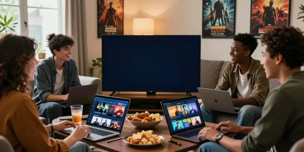 Friends joyfully exploring idlix movies in a cozy entertainment room.