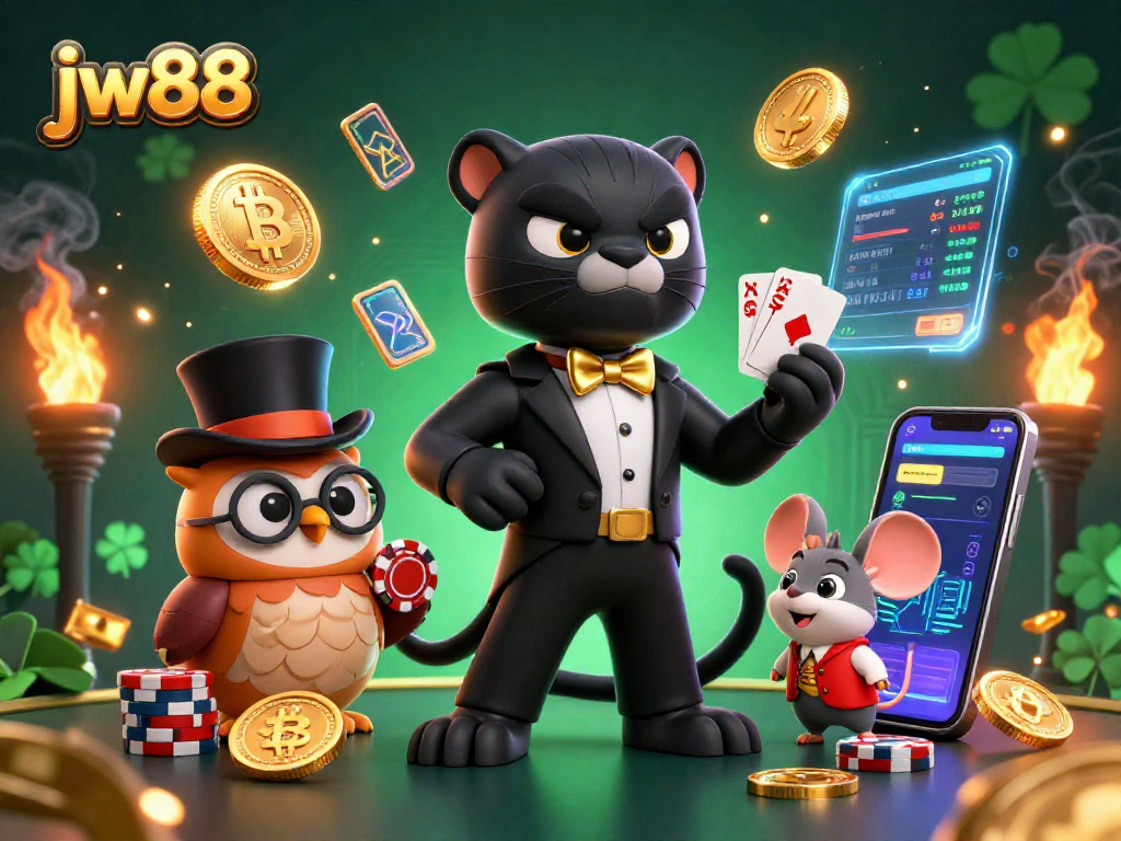 Engage in exciting poker games at jw88 with a stylish panther dealer and vibrant casino elements.