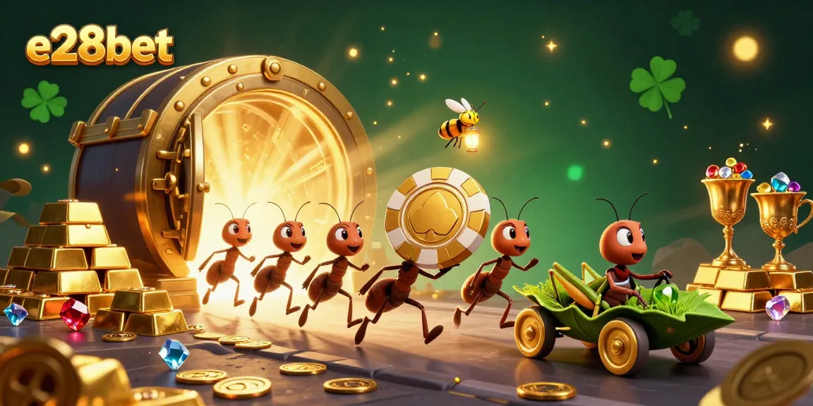 Engage with e28bet's thrilling heist scene featuring animated ants, golden chips, and vibrant treasures.