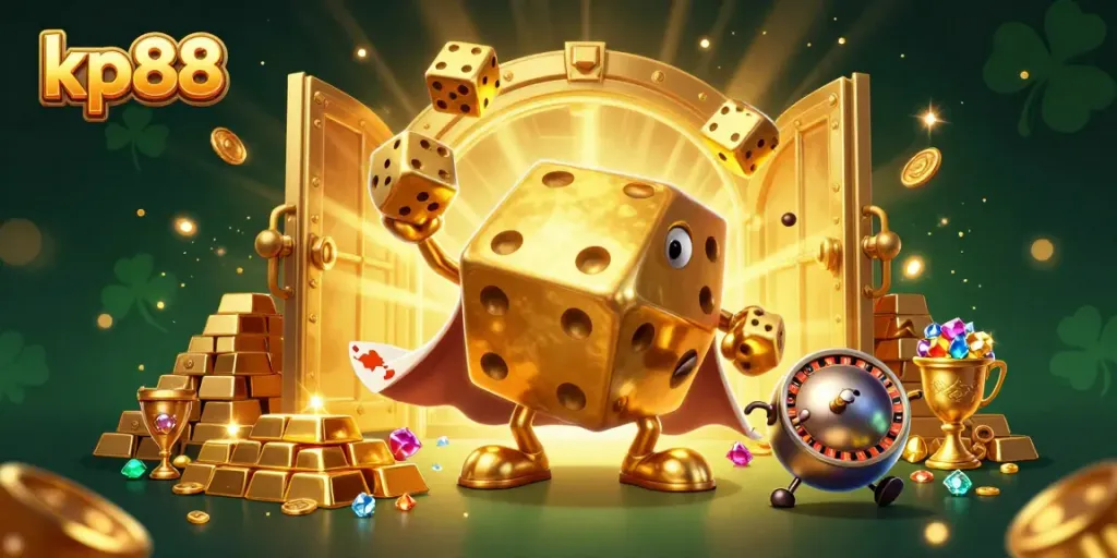Engage in thrilling gameplay at kp88, featuring a golden dice golem and magical casino treasures.