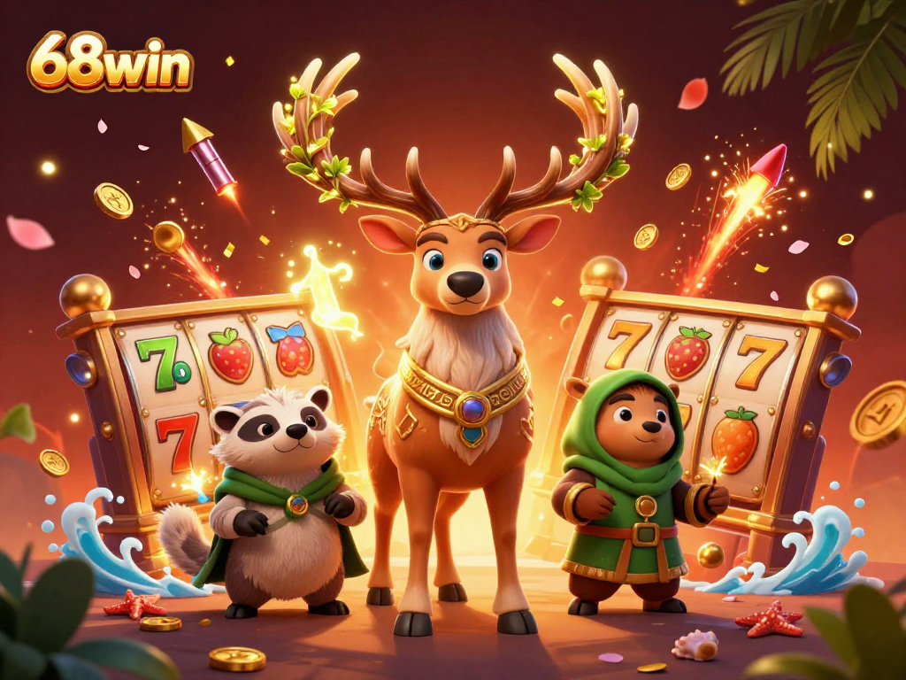 Experience exhilarating gameplay at 68win, surrounded by dynamic slot reels, golden coins, and festive confetti.