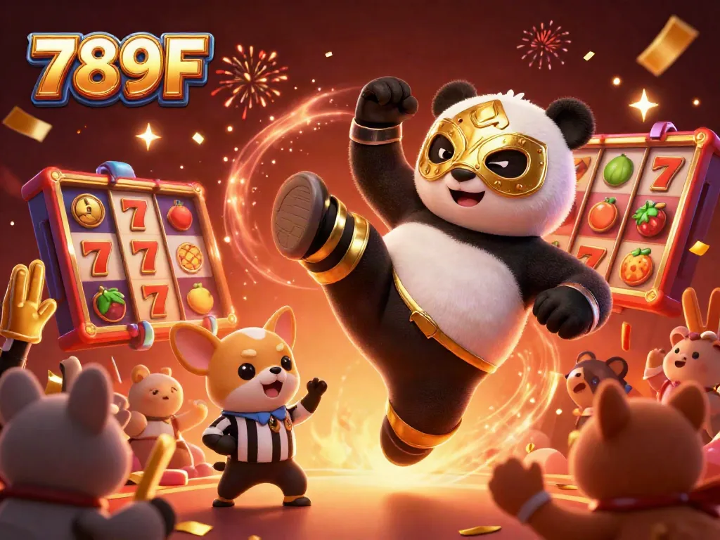 Experience thrilling action at 789F with a panda wrestler amidst dynamic slot games.