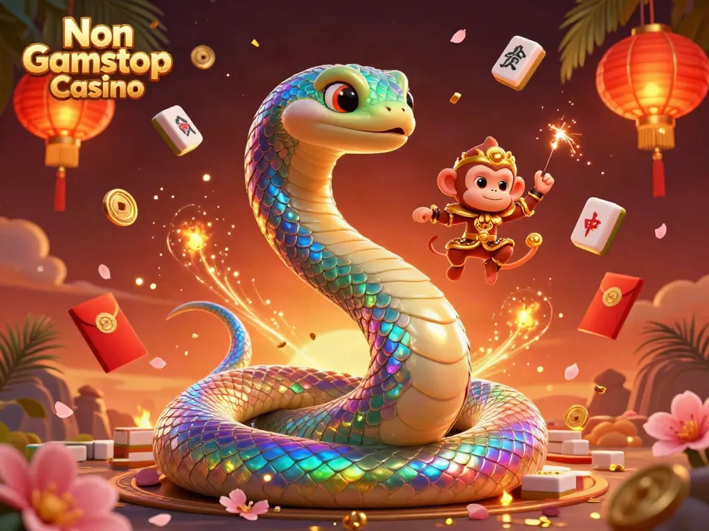 Engage with Non Gamstop Casino's vibrant scene featuring a rainbow serpent, a monkey king, and festive elements.