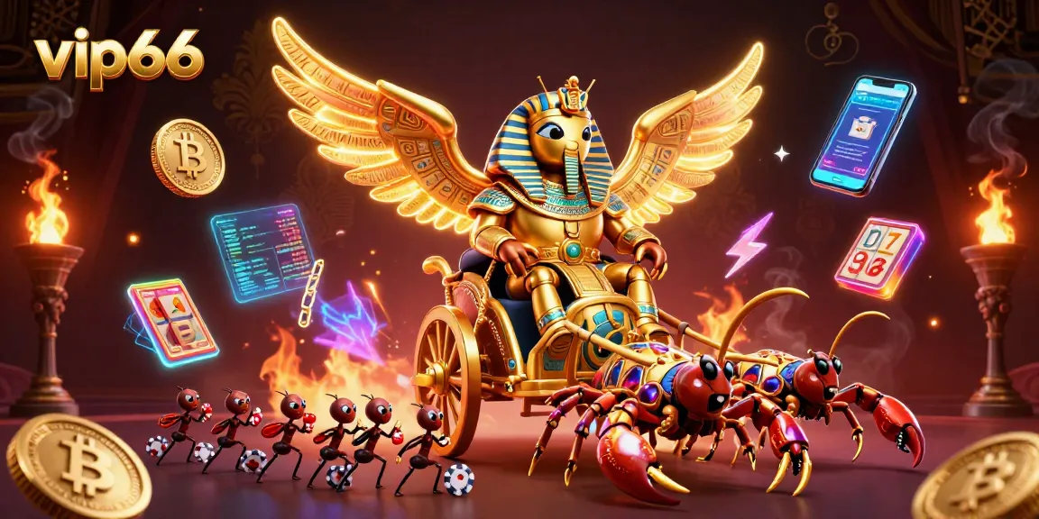 Engage with vip66's thrilling casino experience featuring a golden scarab beetle and vibrant game elements.