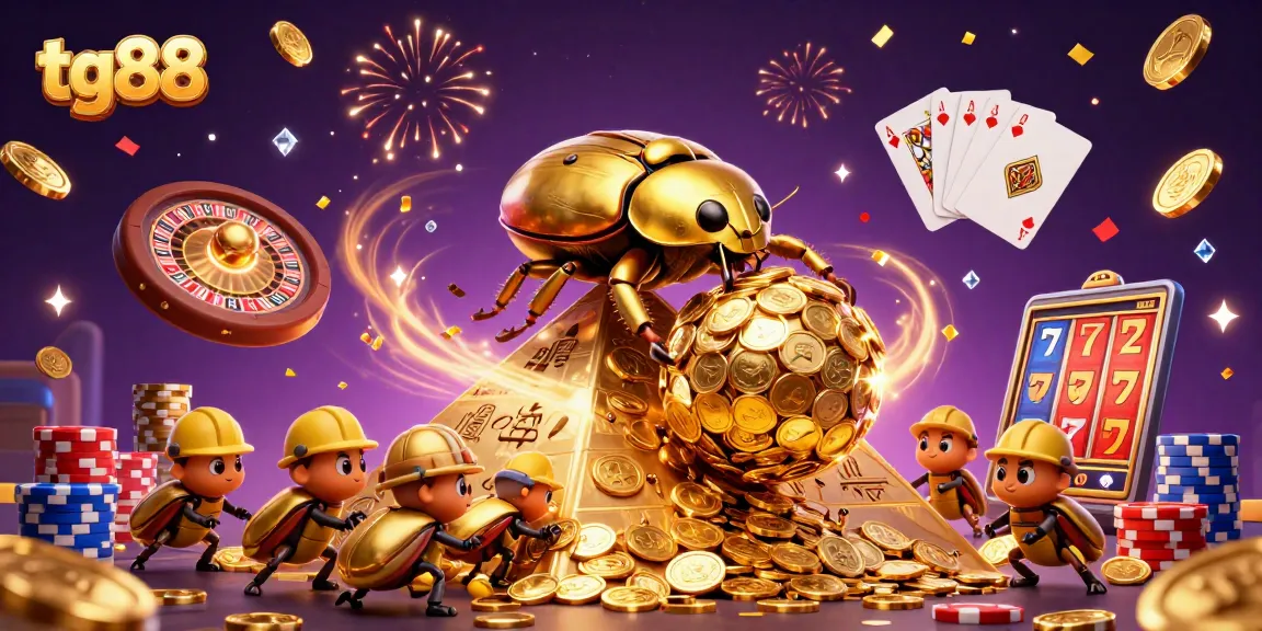 Experience the excitement of tg88 casino with golden coins cascading and beetles rolling riches up a pyramid.