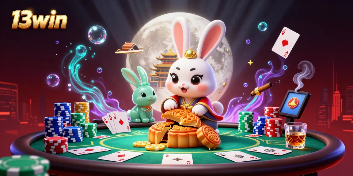Experience the excitement of 13win with a vibrant lunar-themed poker scene filled with 3D characters and gaming elements.