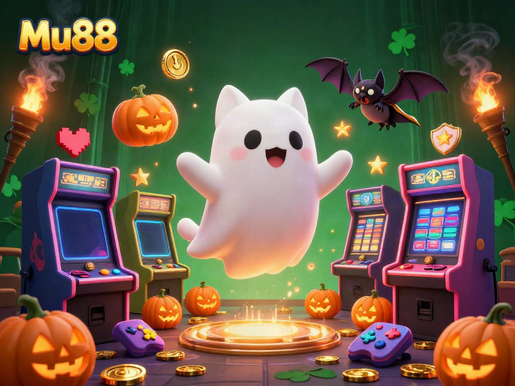 Engage with Mu88's vibrant casino atmosphere featuring a friendly ghost cat and games.
