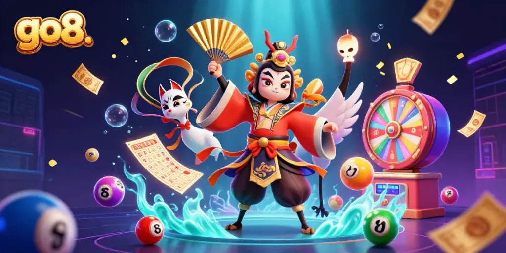 Engaging go8. characters in a vibrant casino environment, showcasing lottery excitement and dynamic gaming elements.