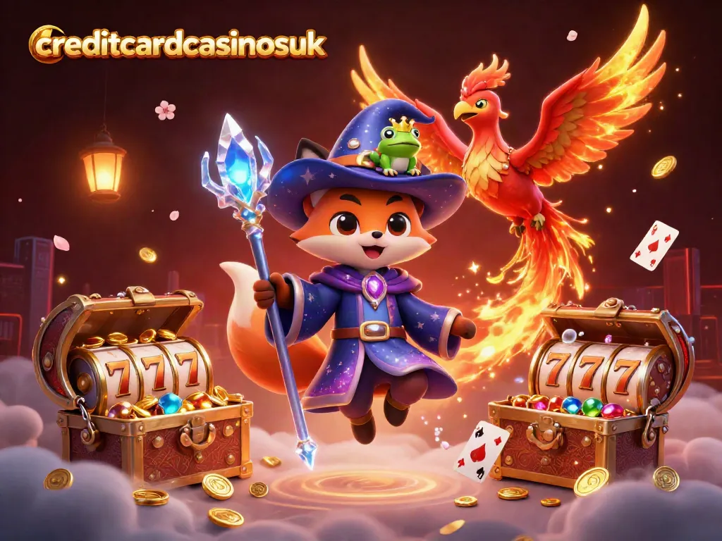 Experience excitement at creditcardcasinosuk with a whimsical casino illustration featuring a magical wizard fox and vibrant game elements.