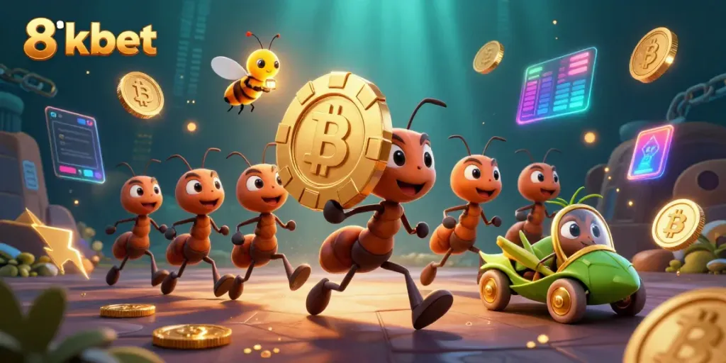 Experience the thrill of winning at 8xbet with a cartoon heist featuring playful ants and crypto elements.