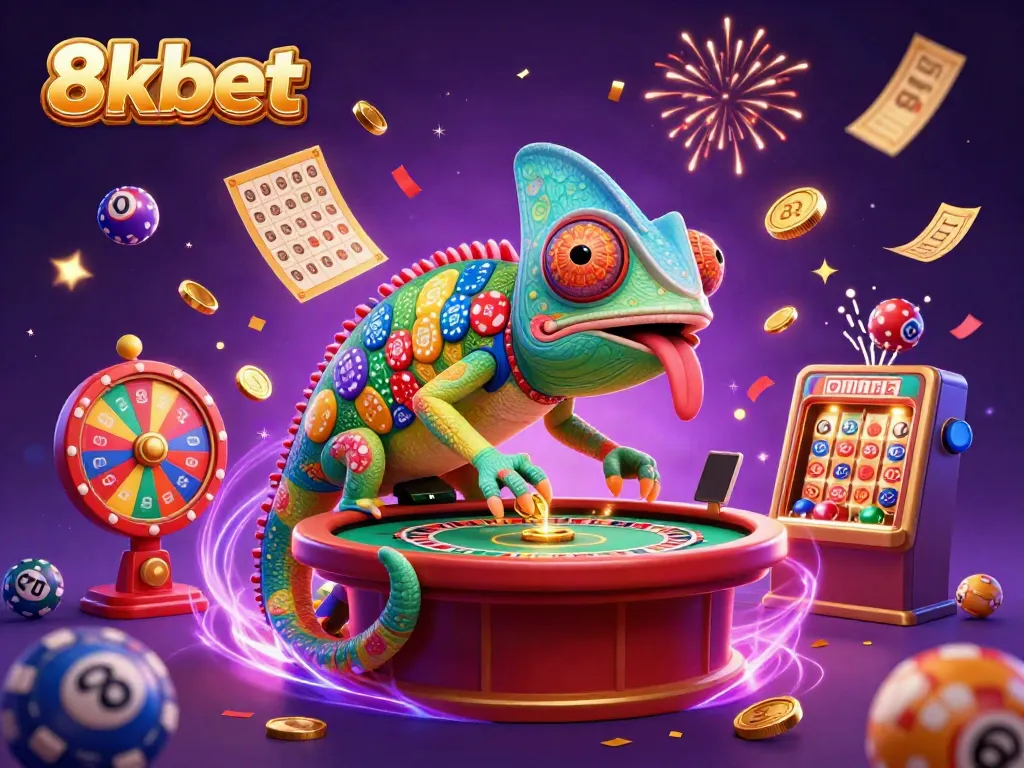 Experience thrilling gaming action with 8xbet as a colorful chameleon snaps golden coins amid vibrant casino elements.