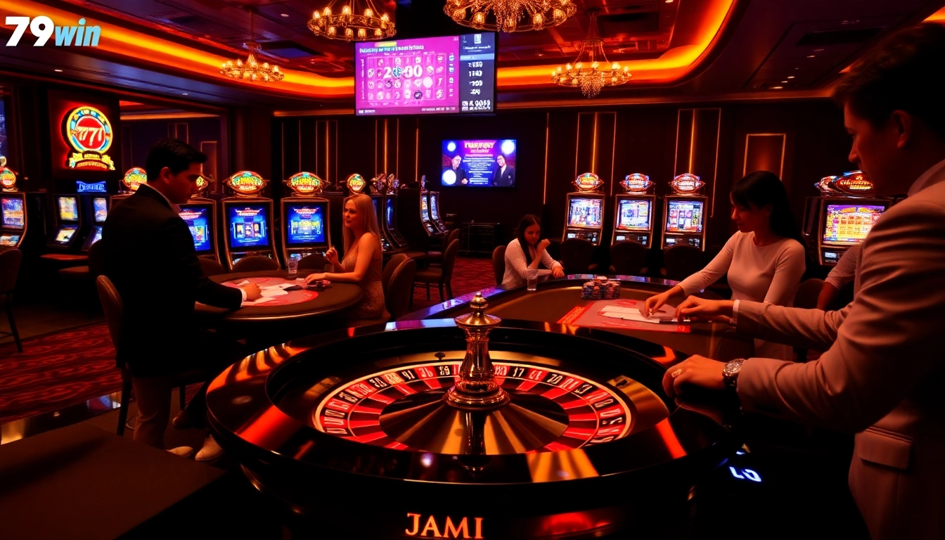 Gambling enthusiasts enjoy intense gameplay at 79win's luxurious casino, featuring poker chips and roulette.