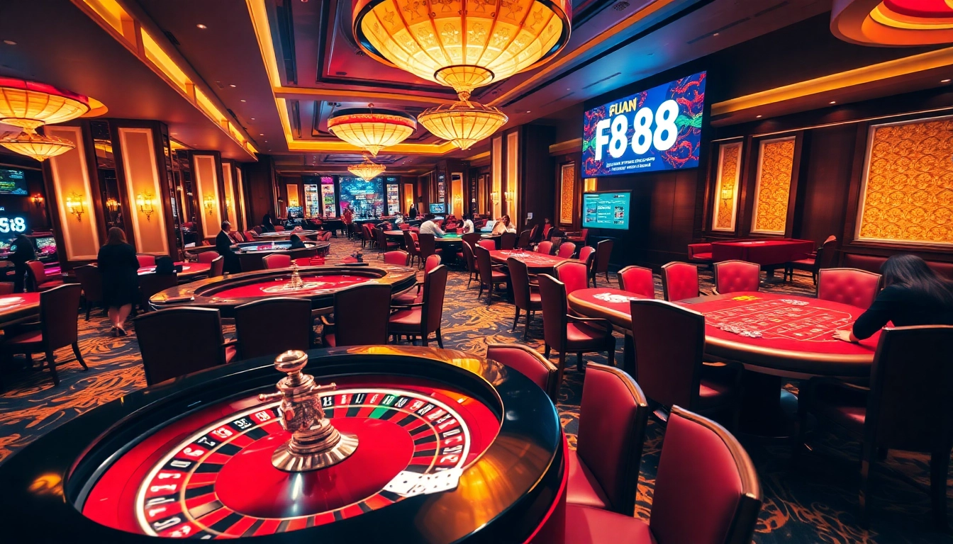 High-stakes players enjoying a thrilling game at Fun 88 casino tables with luxury surroundings.