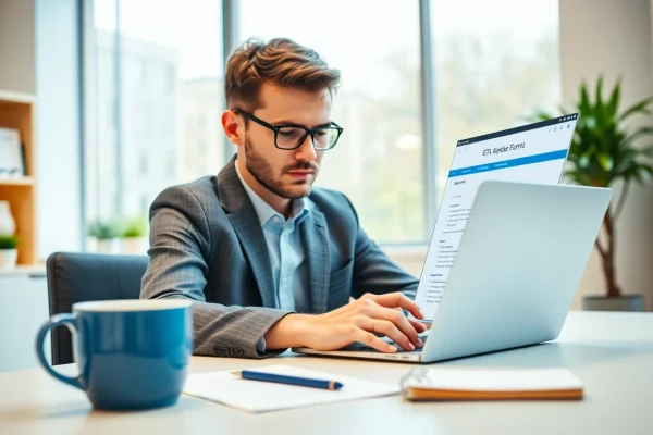 Fill out the eta uk application form displayed on a laptop, showcasing a professional workspace.