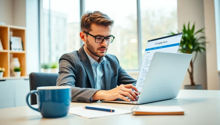 Fill out the eta uk application form displayed on a laptop, showcasing a professional workspace.