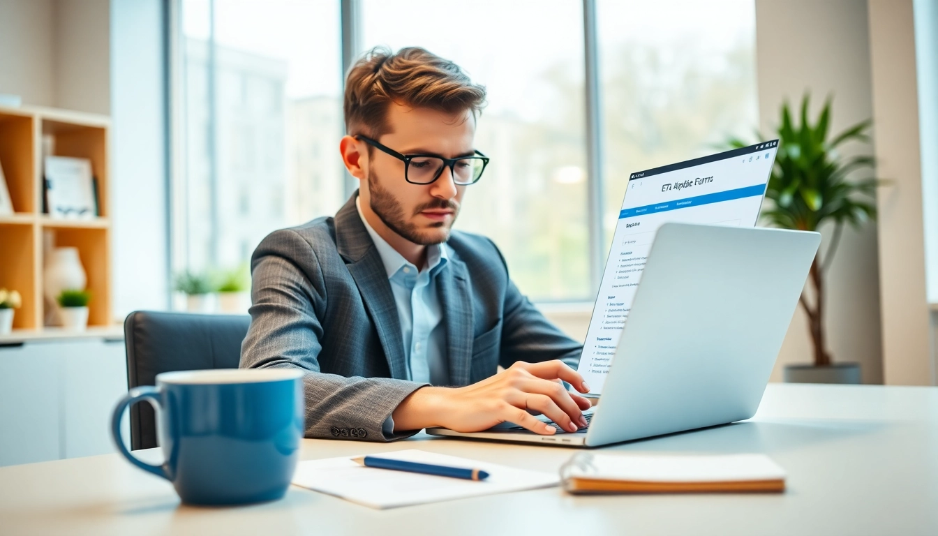 Fill out the eta uk application form displayed on a laptop, showcasing a professional workspace.