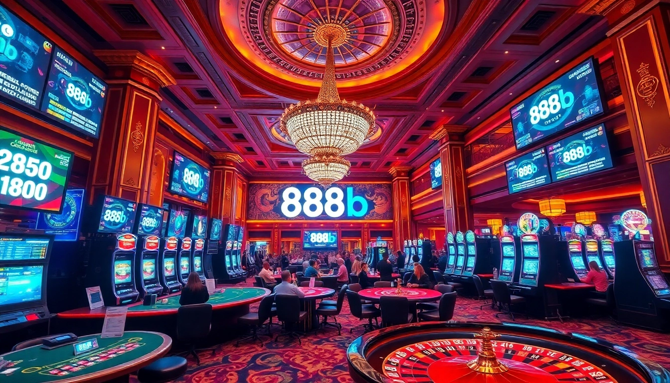 Experience thrilling 888b casino gaming with vibrant tables and excited gamblers.