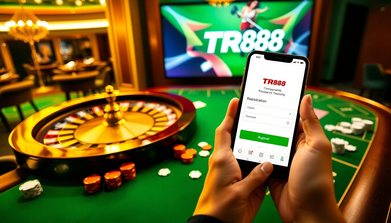 Experience the thrill of đăng ký TR88 with an exciting casino scene showcasing poker and roulette.