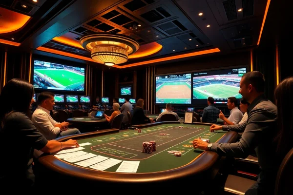 Engaging sports betting action featuring thể thao okfun with players at a luxurious casino table.
