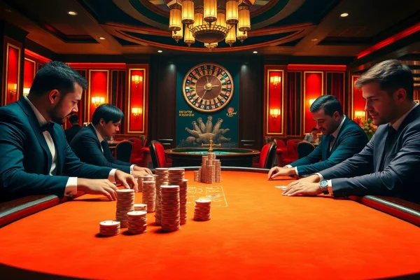 Professional poker players strategizing at a luxurious table in a 555win casino setting.