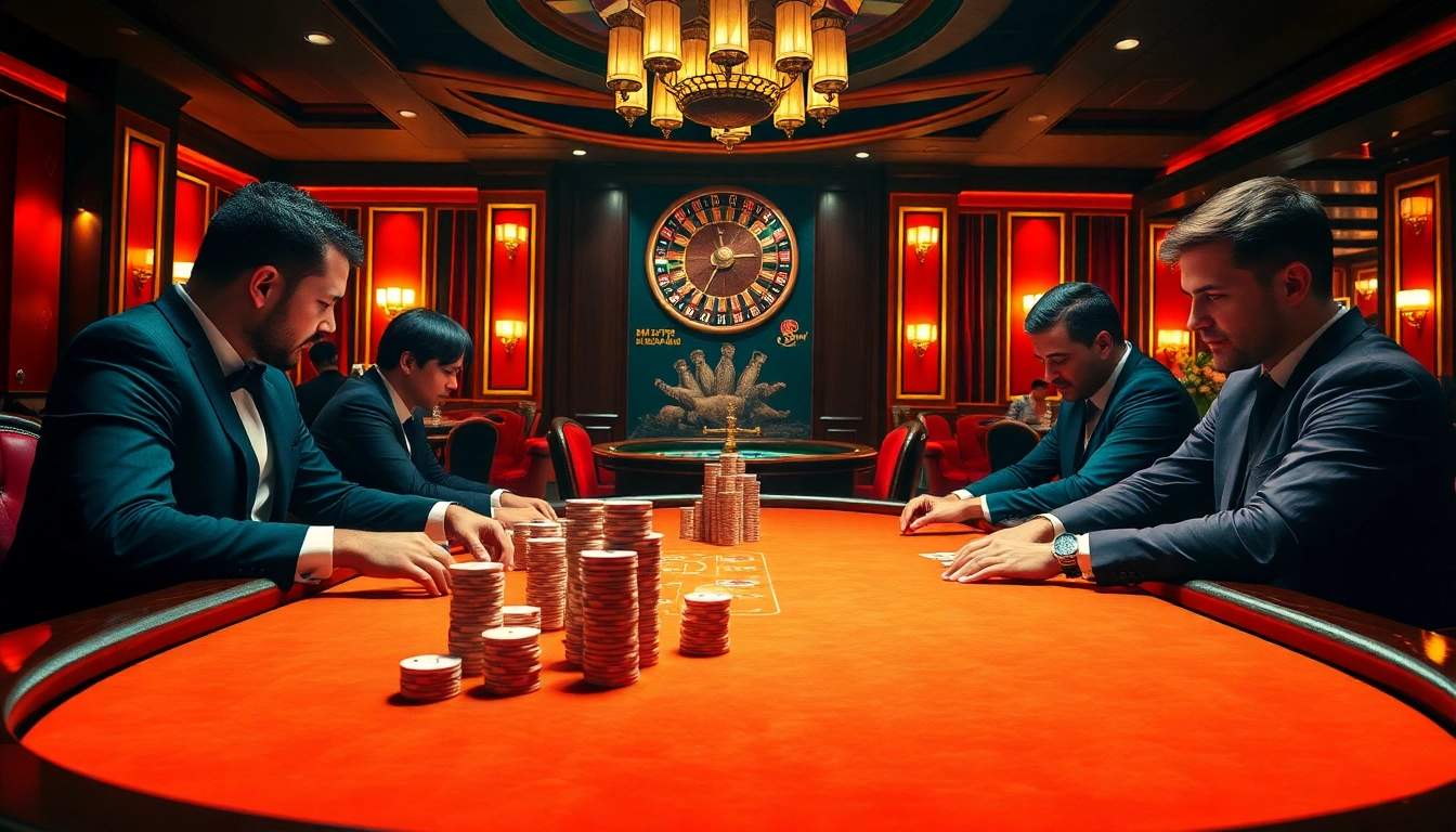 Professional poker players strategizing at a luxurious table in a 555win casino setting.
