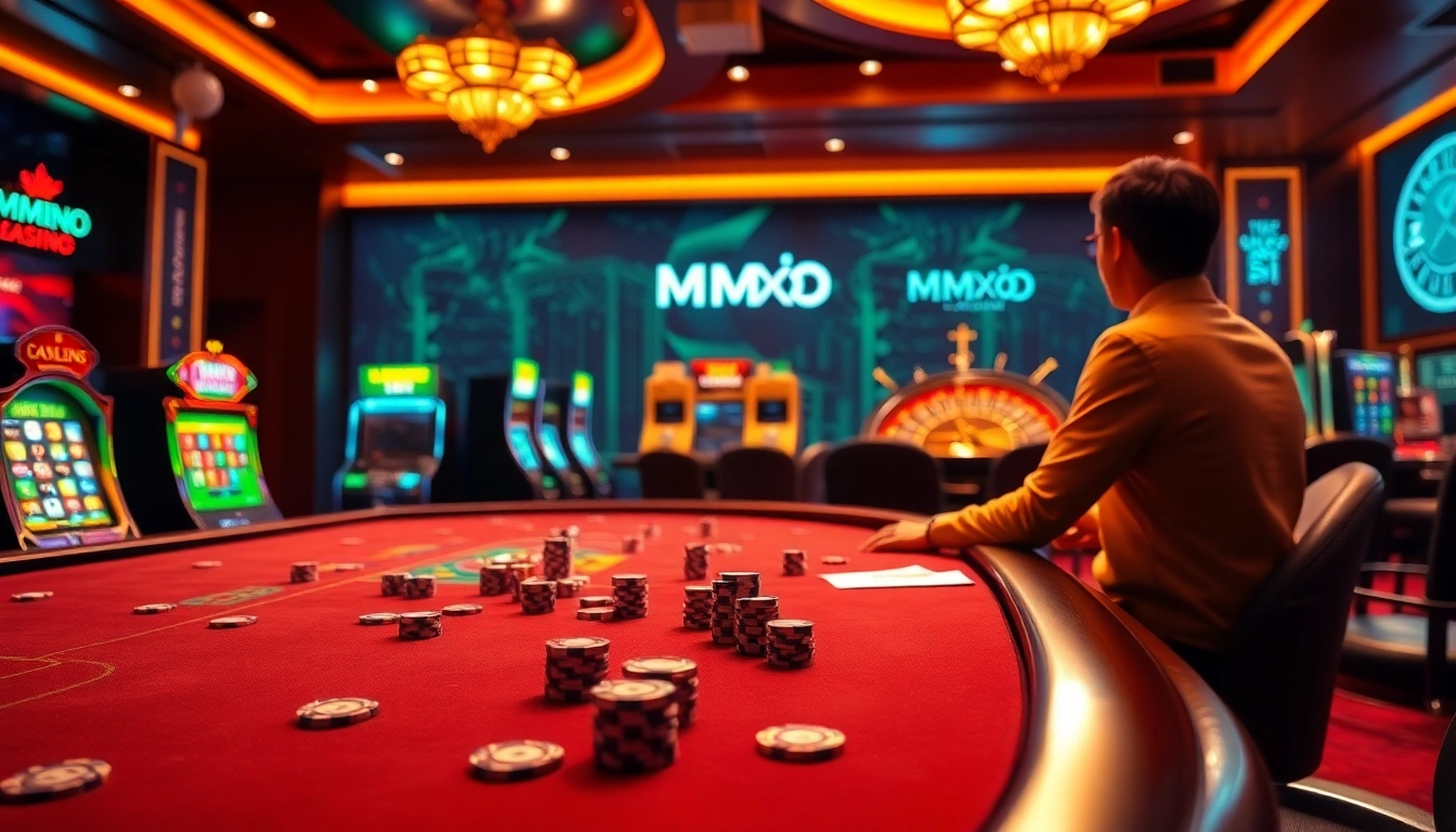 Engaging with MMOO's exciting online casino interface featuring poker chips and slot machines.
