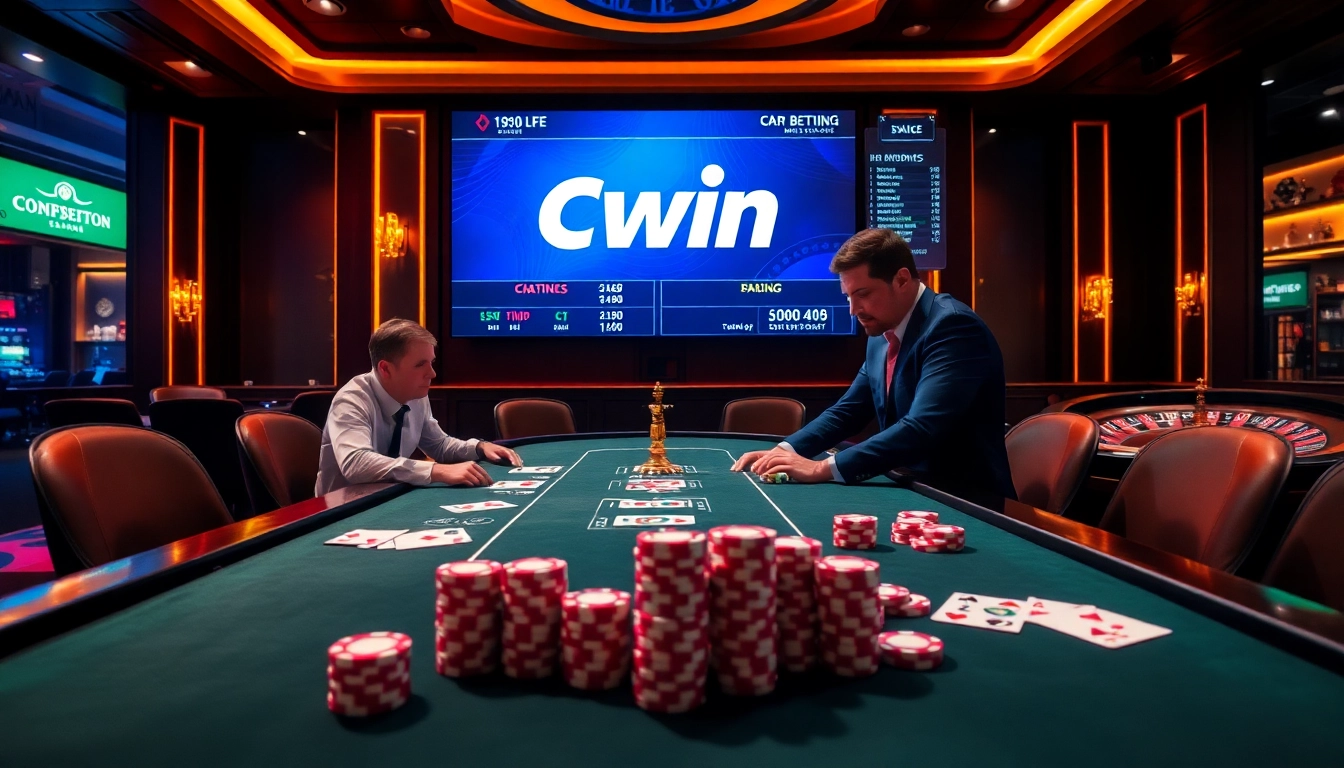 Cwin thrilling online gambling experience at an upscale casino table with vibrant poker action.