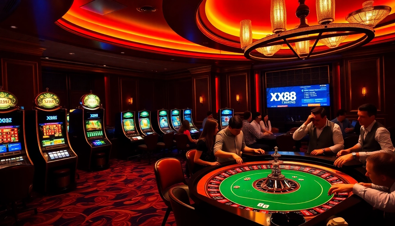 Experience the thrill of gaming at XX88 with vibrant slots and an engaging roulette table.
