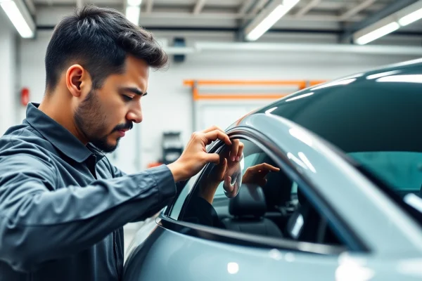Install window tint near me with a professional applying vibrant film on a car in a modern garage.