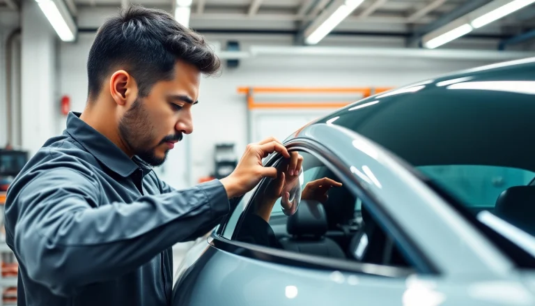 Install window tint near me with a professional applying vibrant film on a car in a modern garage.