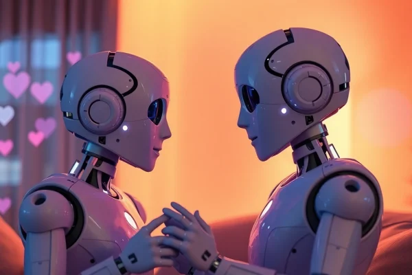 Engaging interaction between AI chatbots in a cozy digital space focused on sex chat ai.