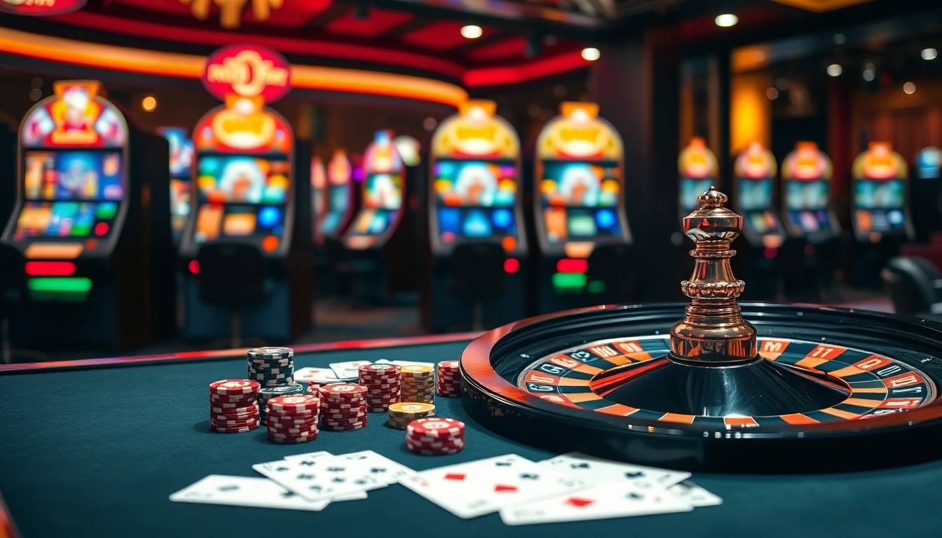 Kuwin players enjoying a lively casino atmosphere with poker chips and a roulette wheel.
