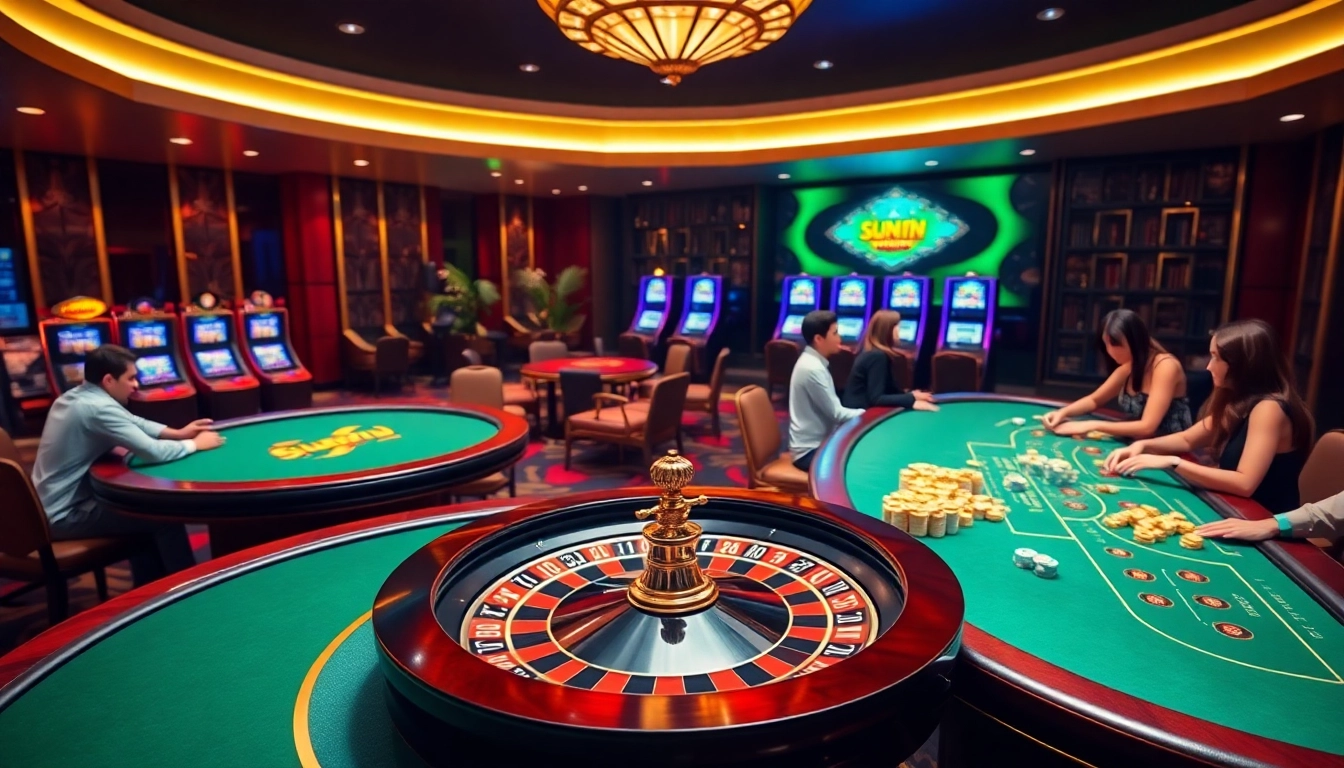 Experience the excitement of SUNWIN.COM with vibrant casino action and engaging players at roulette and poker tables.