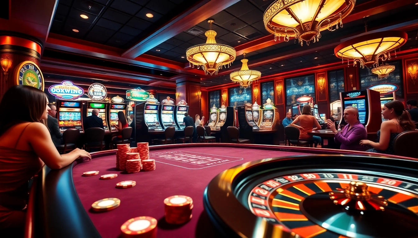 Players enjoying the thrilling atmosphere of OKWIN casino games with vibrant poker chips and slot machines.