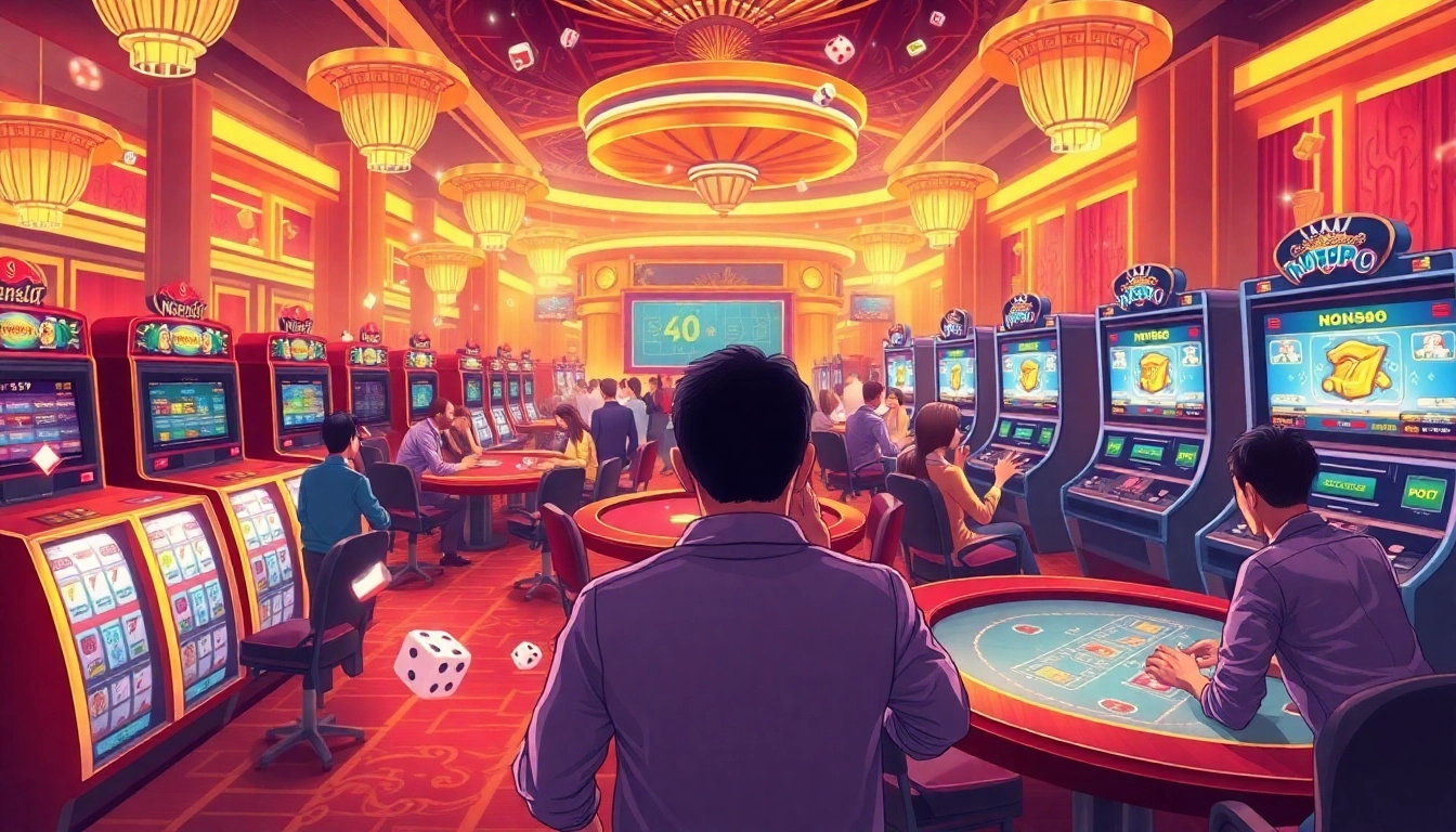 Nohu90 gaming excitement with players at slots and poker tables in a vibrant casino atmosphere.