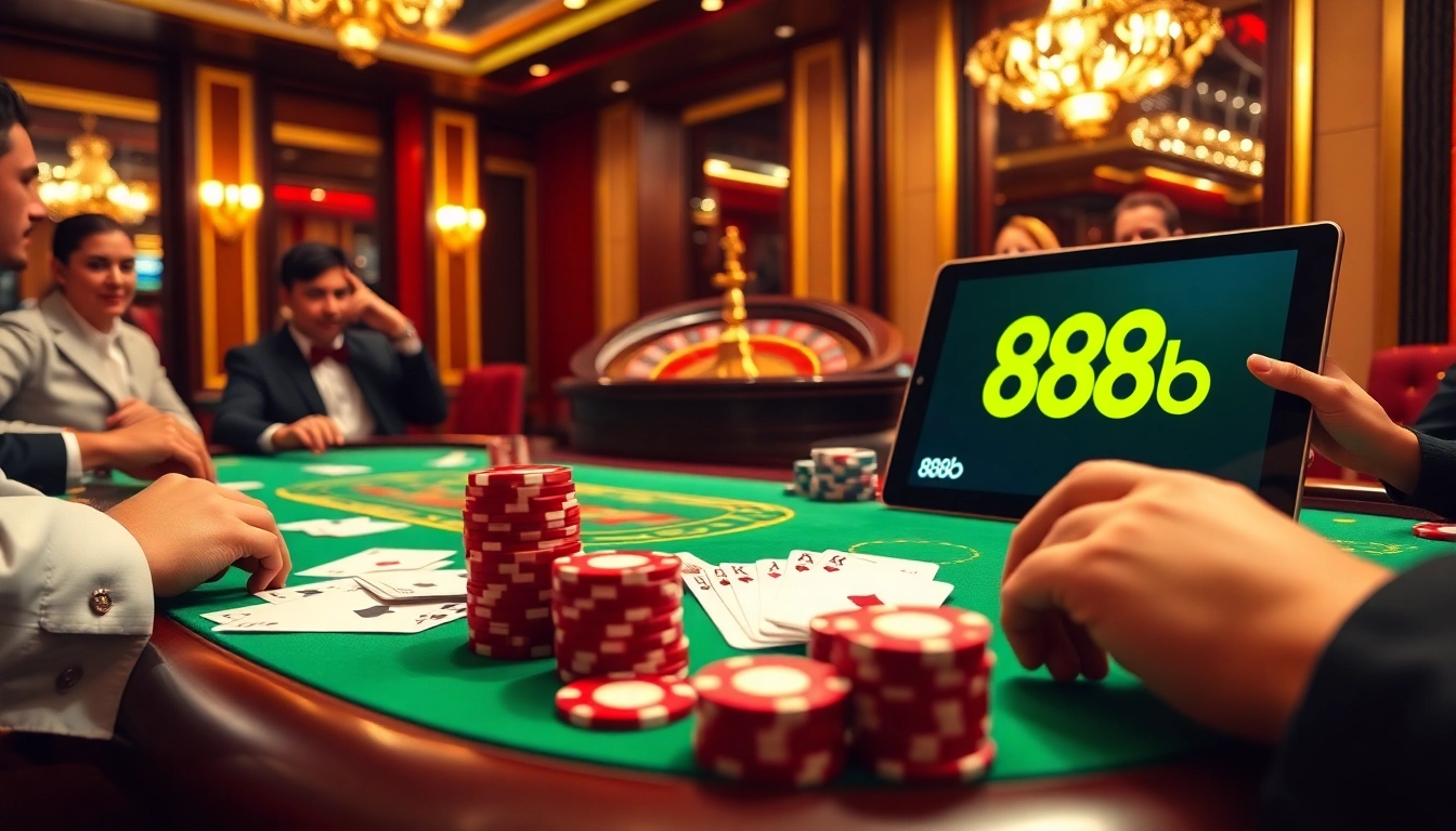 Engaging casino scene showcasing players at a gaming table with 888b branding, exuding excitement and luxury.