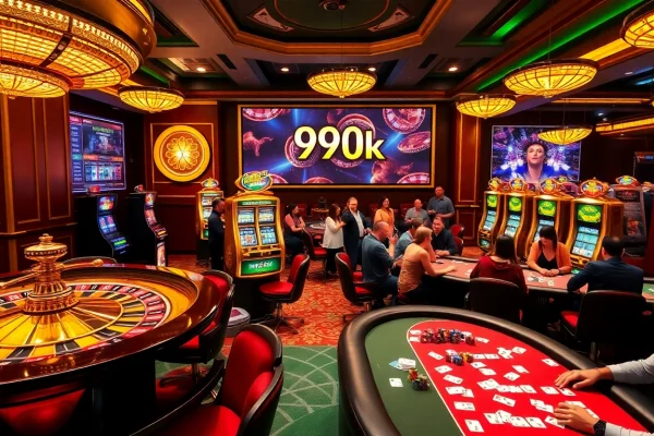 Players enjoying the excitement of 99ok in a vibrant, luxurious casino environment.