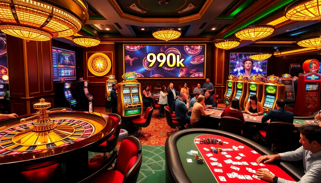 Players enjoying the excitement of 99ok in a vibrant, luxurious casino environment.