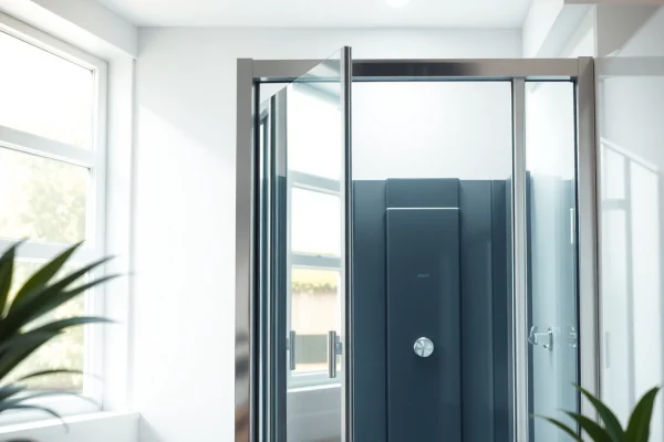 Erleben Sie die duschkabine 100x100 pendeltür mit eleganten Glaselementen und modernem Design in einem hellen Badezimmer.