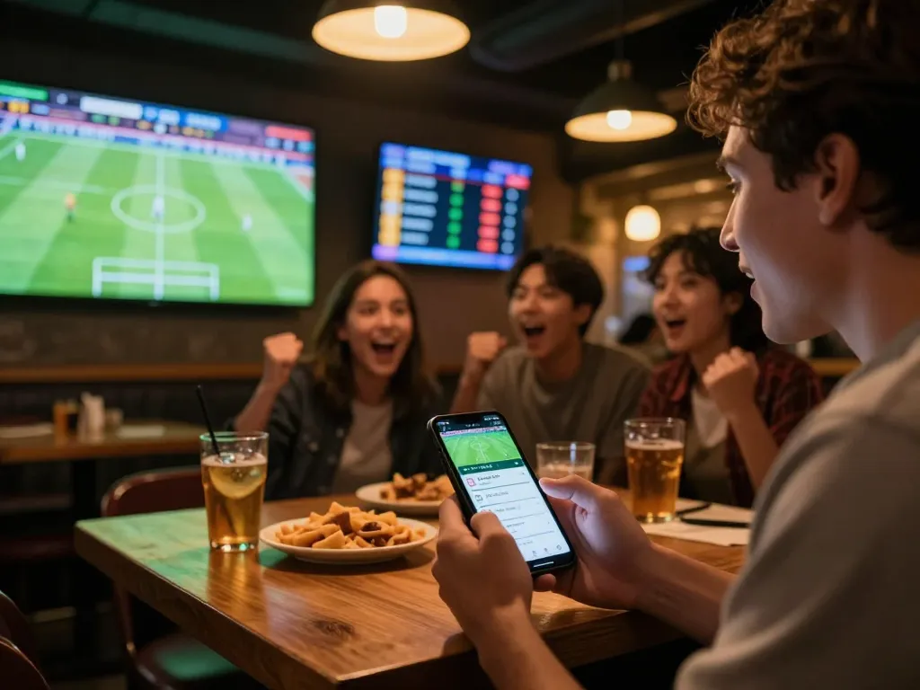 Sports betting excitement as a fan checks tỷ lệ kèo nhà cái during a live football match in a vibrant bar, showcasing the thrill of live betting.