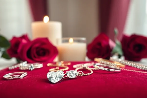 Explore exquisite Valentine’s Day jewellery gifts UK displaying a diamond heart pendant with romantic roses.