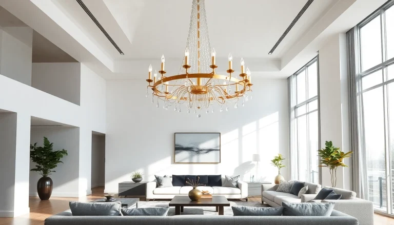 Shop ModernLighting with a stunning contemporary chandelier in a stylish living room setting.