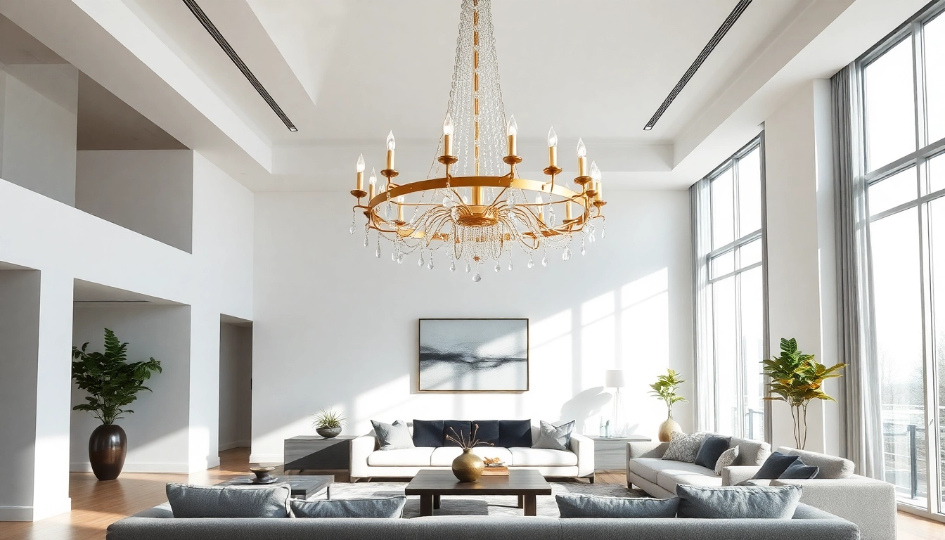 Shop ModernLighting with a stunning contemporary chandelier in a stylish living room setting.