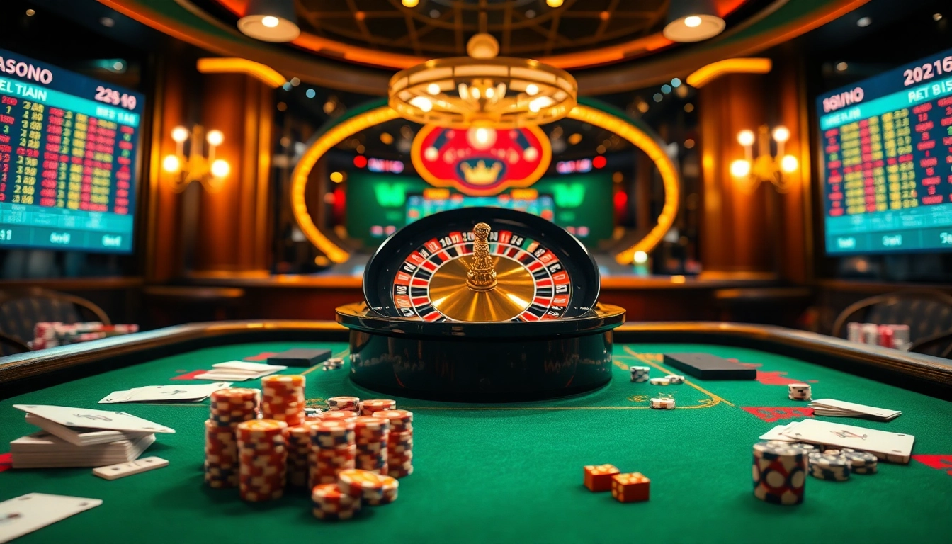 Action-packed scene featuring Nhà Cái NBET with casino tables and poker chips, highlighting online gambling excitement.