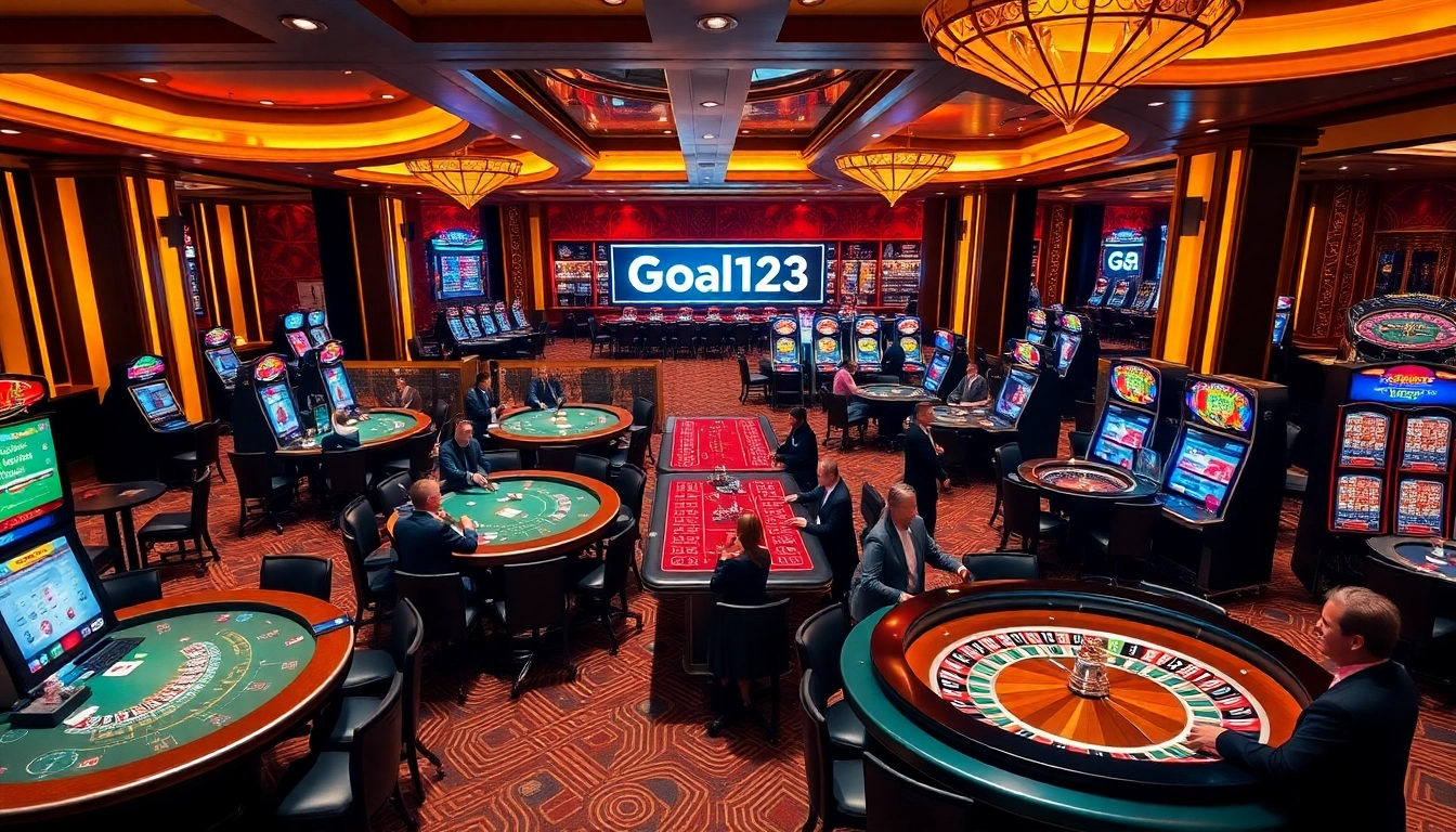 Goal123 casino with vibrant gaming tables and excited players celebrating wins.